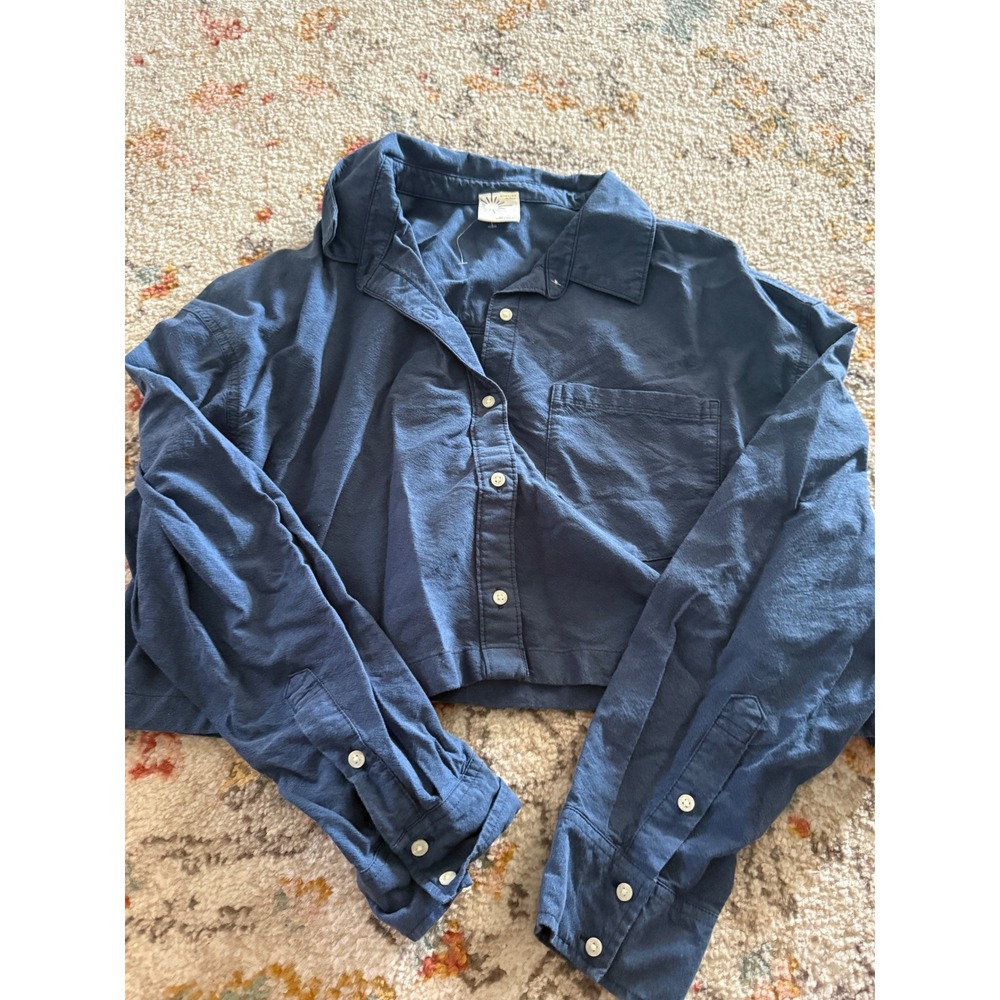 OFFLINE by Aerie Navy Blue Cropped Button Down Cotton Shirt Medium